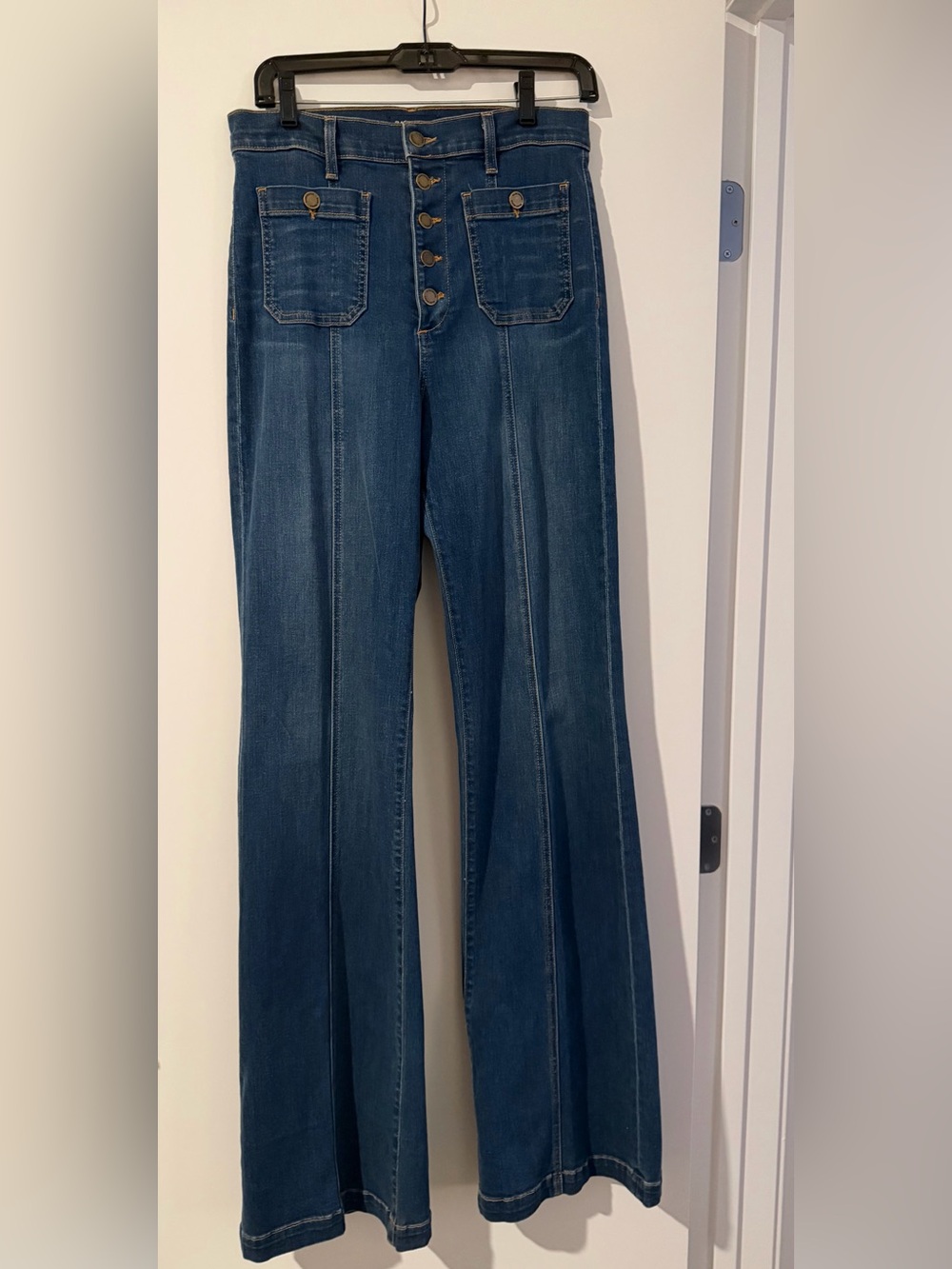 Ramy Brook Dark Blue High-Rise Wide-Leg Jeans with Front Button Placket